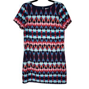 J Crew Size 2 Blue Pink Red Geometric Print Sheath Dress Short Sleeve Keyhole